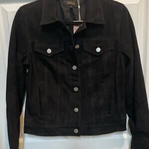 Quince Wm’s Suede Trucker Jacket Sz S Black Cropped New with tags